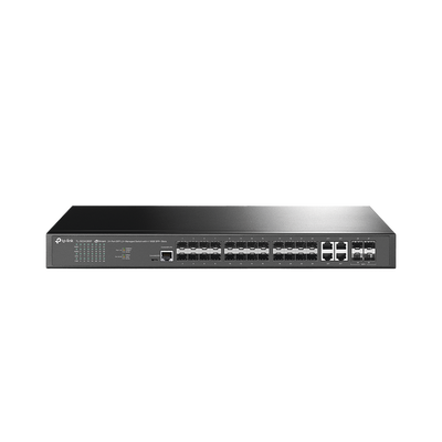 Switch de Fibra Óptica L2+ Omada | 24 puertos SFP 1GE | 4 Puertos Combinados SFP+|RJ45 Gigabit | 2 Puertos Consola RJ45|micro-SUB | Administración Centralizada Omada o Stand-Alone | Compatile con IPv6 | Multicast IGMP