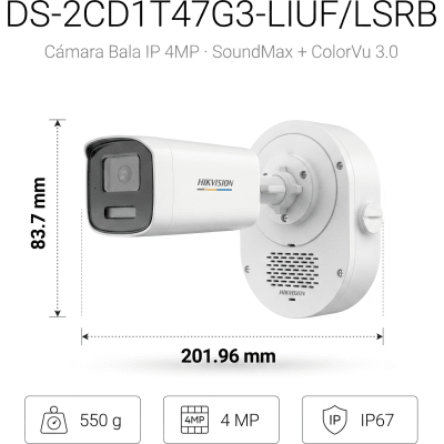 Bala IP 4 Megapixel | ColorVu 3.0 + SoundMax | Lente 4 mm | Dual Light 50 mts (164 ft) IR + Luz Blanca | Bocina + Micrófono Integrados | AcuSense Lite | Exterior IP67 | WDR 120 dB | PoE | Micro SD - Image 4