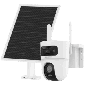 Kit Solar IP All in One Doble Lente | AOV | PT IP 4 Megapixel Lente 4 mm | Fijo 4 Megapixel Lente 2.8 mm | Panel Solar + Batería de Respaldo de Litio (9000 mAh) | Conexión 4G | Audio de Dos Vías | Dual Light | IP66 | Micro SD