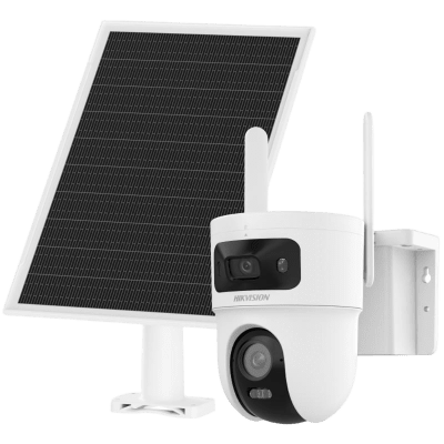 Kit Solar IP All in One Doble Lente | AOV | PT IP 4 Megapixel Lente 4 mm | Fijo 4 Megapixel Lente 2.8 mm | Panel Solar + Batería de Respaldo de Litio (9000 mAh) | Conexión 4G | Audio de Dos Vías | Dual Light | IP66 | Micro SD