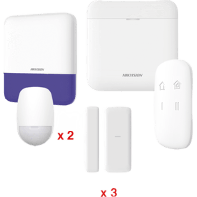 (AX PRO) KIT de Alarma AX PRO | Incluye: 1 Hub con batería de respaldo | 2 Sensores PIR | 3 Contactos Magnéticos mini | 1 Control Remoto | 1 Sirena Inalambrica Exterior | WiFi | Compatible con Hik-Connect P2P