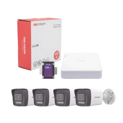 Kit IP 4 Megapixel | NVR de 4 Canales con 4 Puertos PoE | 4 Cámaras IP Bala Dual Light (IR + Luz Blanca) con Microfono Integrado y ACUSENSE Lite para Exterior| Bobina de Cable de 100 mts | SSD de 1 TB