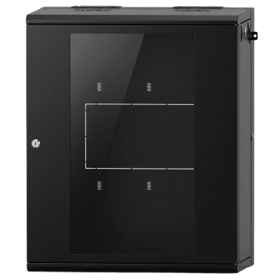 Gabinete Rackeable | 06 Unidades | Pared 19 Pulgadas | Puerta de Cristal | Pintura Electroestática Negro | Abatible 120° | Ventilación 120 mm
