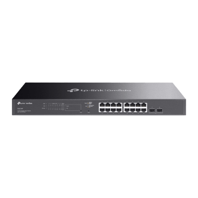 Switch Smart Omada 18 Puertos Gigabit | 16 Puertos PoE+ 802.3af|at | 2 Ranuras SFP Gigabit | Presupuesto PoE 150 W | Switching 36 Gbps | Enrutamiento Estático L2+ | Gestión Cloud SDN | Fanless | Montable en Rack