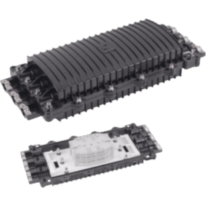 Caja de Distribución de Fibra Óptica Horizontal, hasta 96 Empalmes, Exterior IP68, 3 Puertos de Entrada y Salida