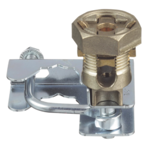 Abrazadera de Tierra para Piso Falso | 2 Conductores 6-1|0 AWG (16-50 mm²) | Pedestal Cuadrado 22 mm (7|8') | Pedestal Redondo 25-29 mm (1' a 1 1|8') | Bronce | TIA-607-A