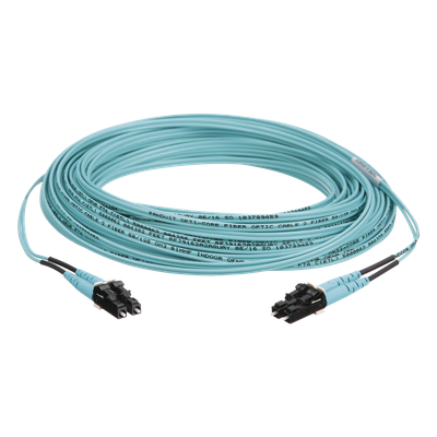 Jumper de Fibra Optica Multimodo 50|125 OM3, LC-LC Duplex, OFNR (Riser), Color Aqua, 15 Metros (49.21 Pies)