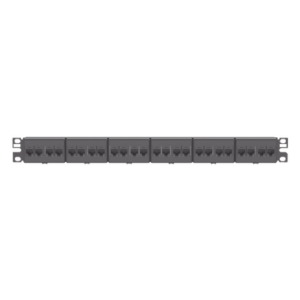 Panel de Parcheo con 24 Acopladores Mini-Com, Plano, Categoría 5e, de 1 UR, Color Negro