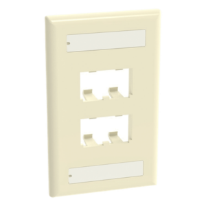 Placa de Pared Vertical | 4 Puertos Mini-Com | Diseño Plano | Con Espacios para Etiquetas | 2.75 x 4.5 in | ABS Marfil